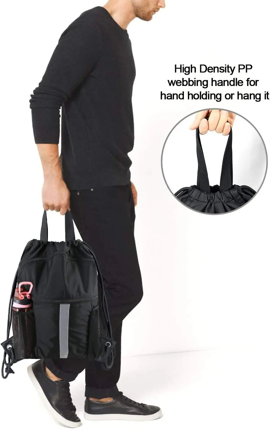 Drawstring Backpack with Shoe Compartment X-Large Black Gym Sports Cinch Bag