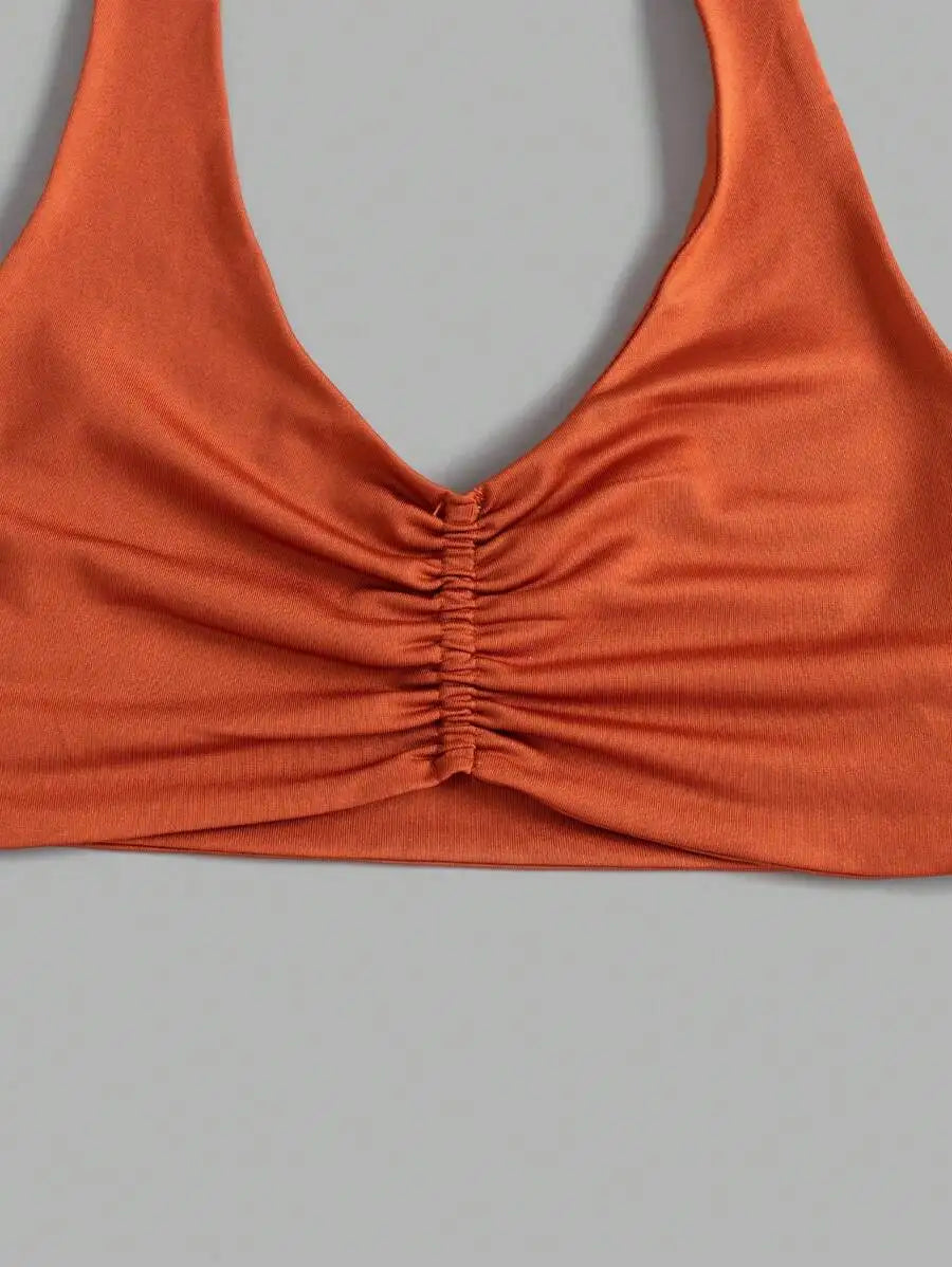 Velisys 3Pcs/Set Ruched Halter Sports Bra & Tight Fitness Camisole Set: V Neck Twist Yoga Workout Top