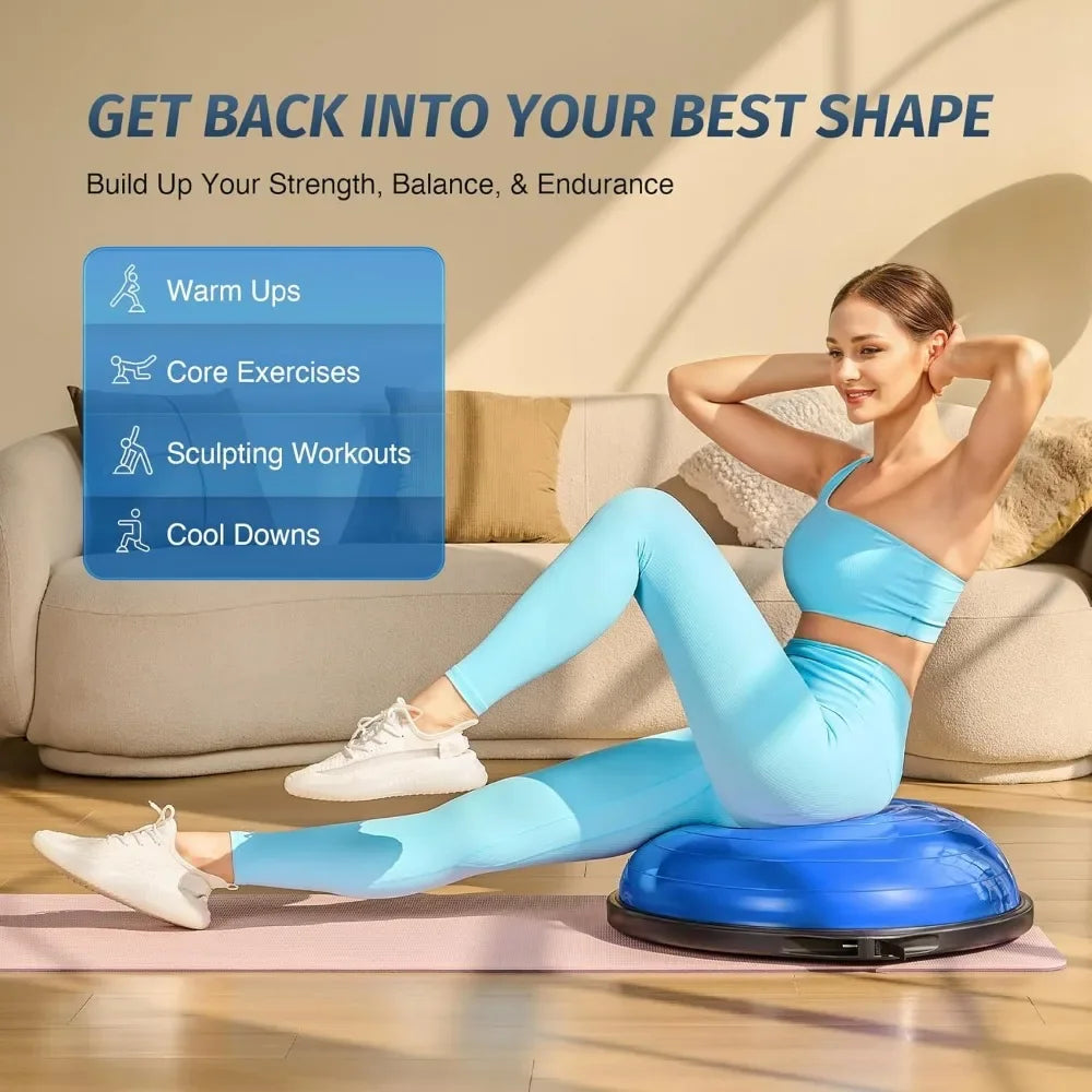 25in Inflatable Half Exercise Ball Balance Trainer 660lb Weight Limit with Nonslip Base Pump and Resistance Bands