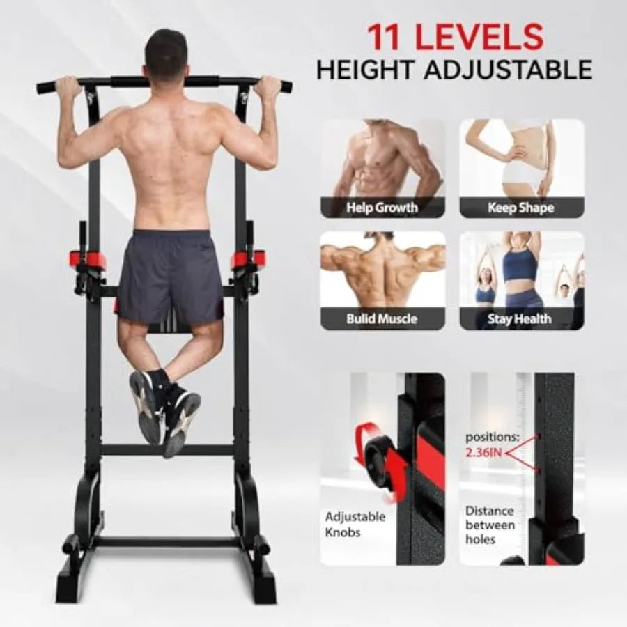Home gym dip station pull-up bar: steel, black, adjustable height + power elastic ropes for full-body strength training