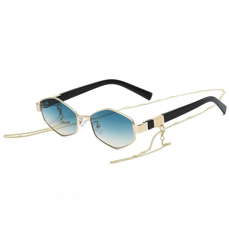 New Fashion Sunglasses with Chain for Women Luxury Brand Design Polygonal Sun Glasses for Female Small Frame Eyewear