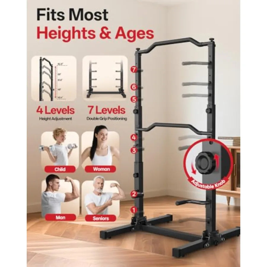 Home gym foldable pull up dip station, steel black, 450LBS stable with adjustable height for strength training