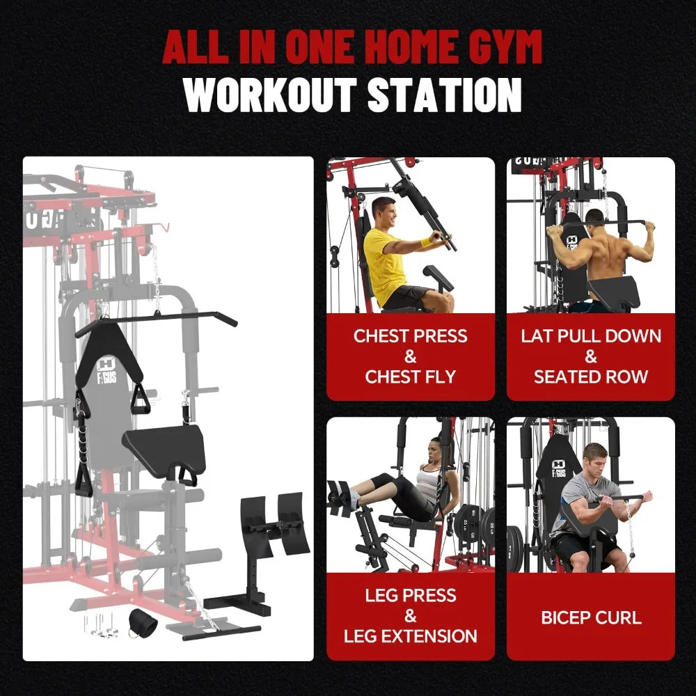 All in One Home Gym System Workout Station, Multi-Function Smithe Machine Power Cage with Cable Crossover System,, Customized