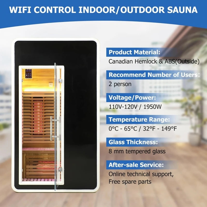 Two Person Infrared Sauna With WiFi Control Canadian Hemlock Wood