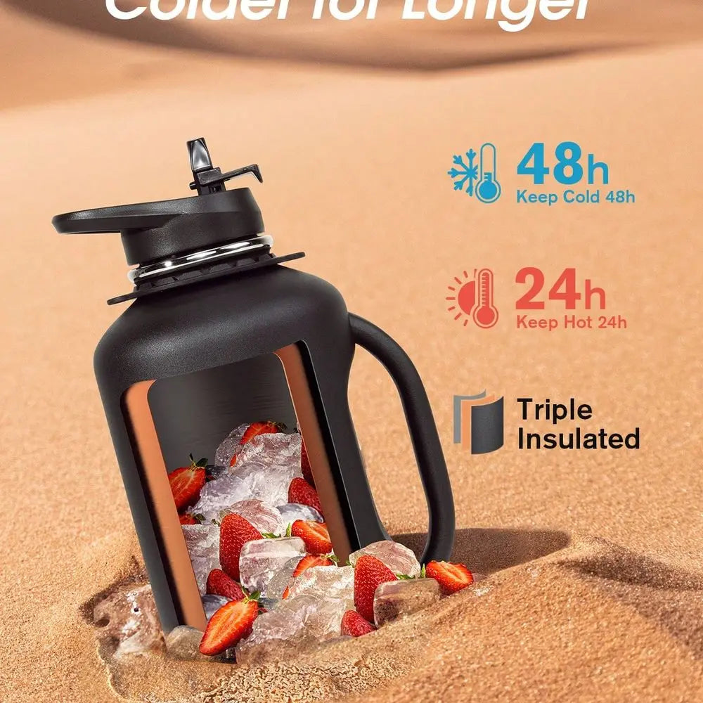64oz Insulated Water Bottle With Handle & Strap, Stainless Steel Half Gallon Water Drinkware With 2 Lids & Straws, Lea