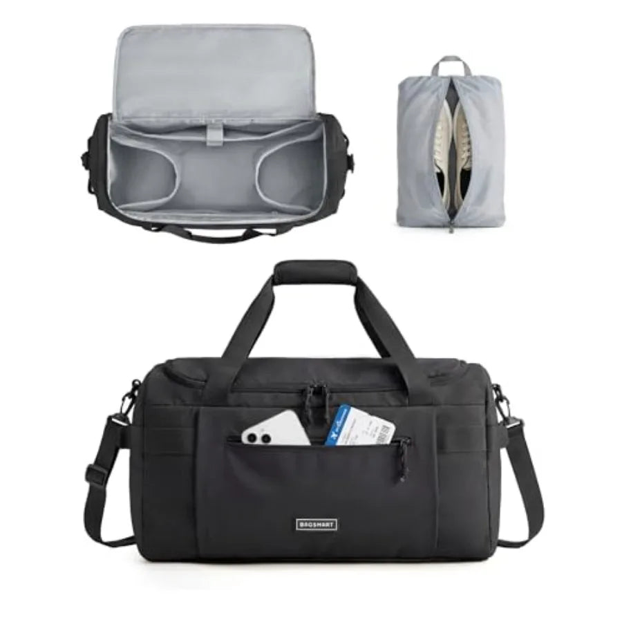 Travel Duffel Bags with Dividers, 32L Gym Duffle Bag with Laptop Compartment, Carry On Weekender Overnight Bag, Shoe Bag, PVC W