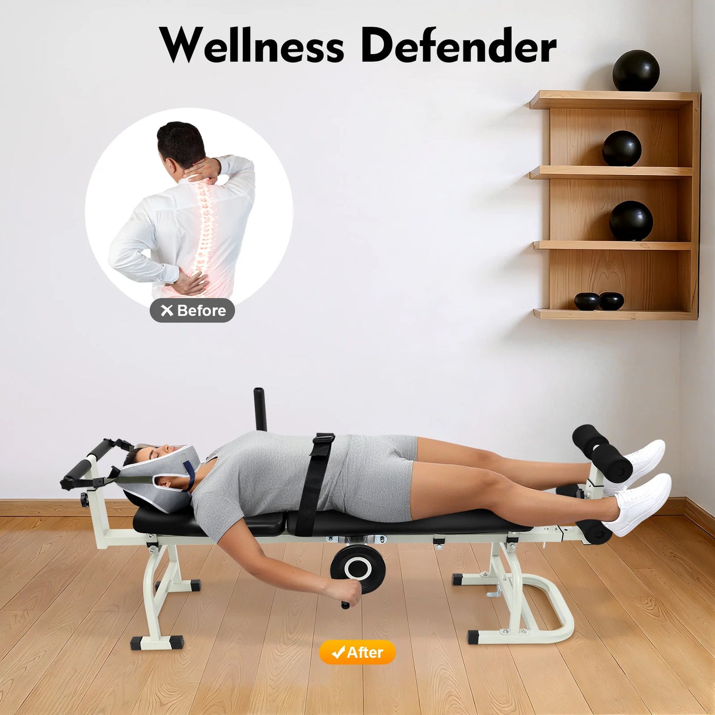 Inline Back Stretch Bench, Multifunctional Cervical Traction Device Spine Back and Neck Decompression - Adjustable with Handwheel - Up to 330 lbs Weight Capacity