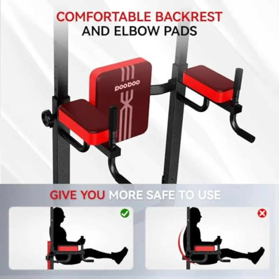 Home gym dip station pull-up bar: steel, black, adjustable height + power elastic ropes for full-body strength training