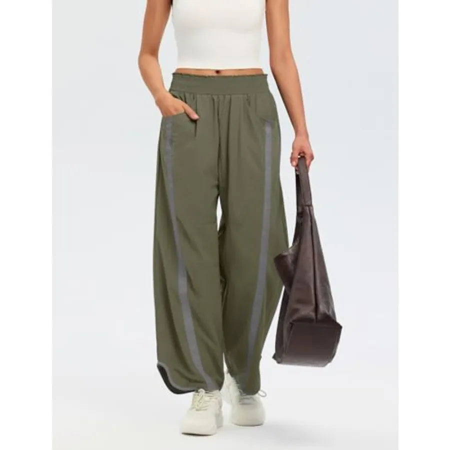 AKEWEI Womens Baggy Wide Leg Pants Summer Casual Elastic Waisted Contrast Color Workout Y2k Track Pants with Pockets