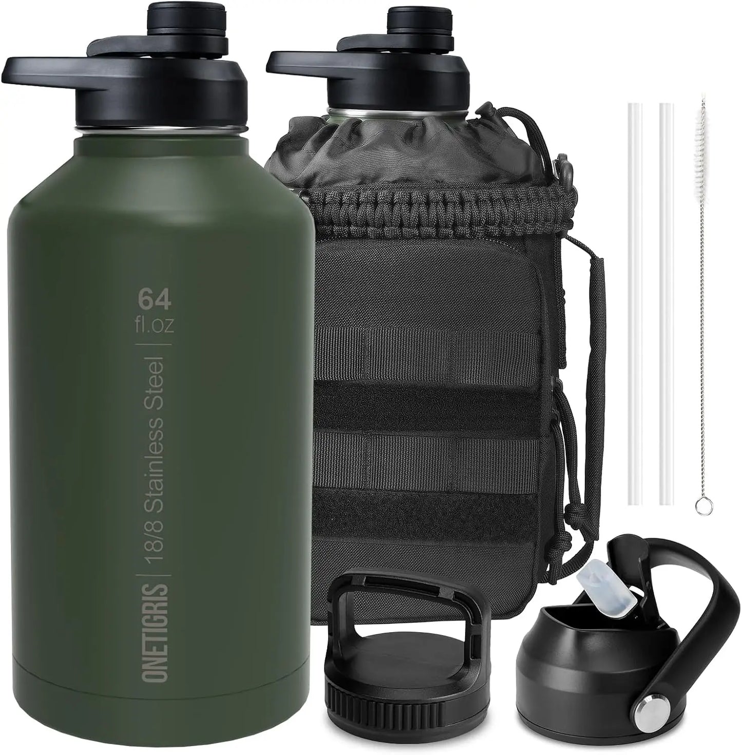 64oz Vacuum Insulated Stainless Steel Water Bottle with Straw, 3 Leakproof Lids, MOLLE Pouch & Paracord Handle for Outdoor Sports