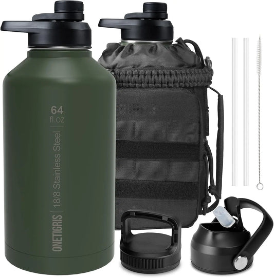 64oz Vacuum Insulated Stainless Steel Water Bottle with Straw, 3 Leakproof Lids, MOLLE Pouch & Paracord Handle for Outdoor Sports