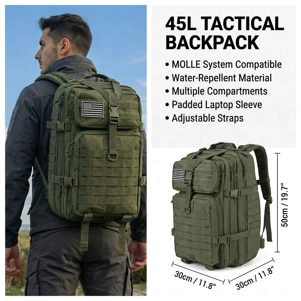 45L Tactical Gym Backpack Molle Water Resistant Sports Bag Large Capacity Training Fitness Workout Pack Men Women Travel Hiking Camping Rucksack Durable Multi Pocket Basketball Football Yoga Shoes Bag Weekend Trip Duffel Dayp