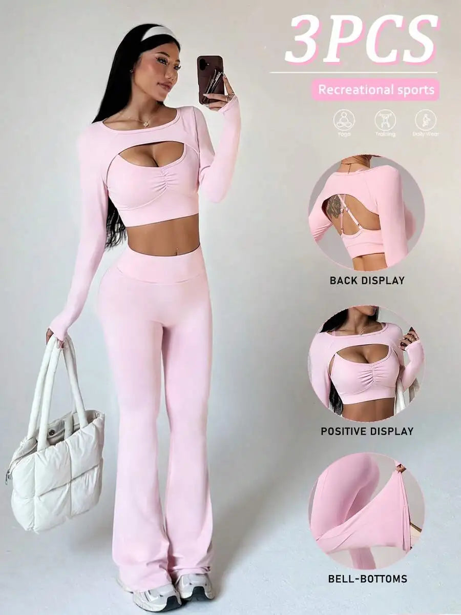 Women Sportswear Set Knit 3 Piece Cropped Top Sports Bra Flared Yoga Pants