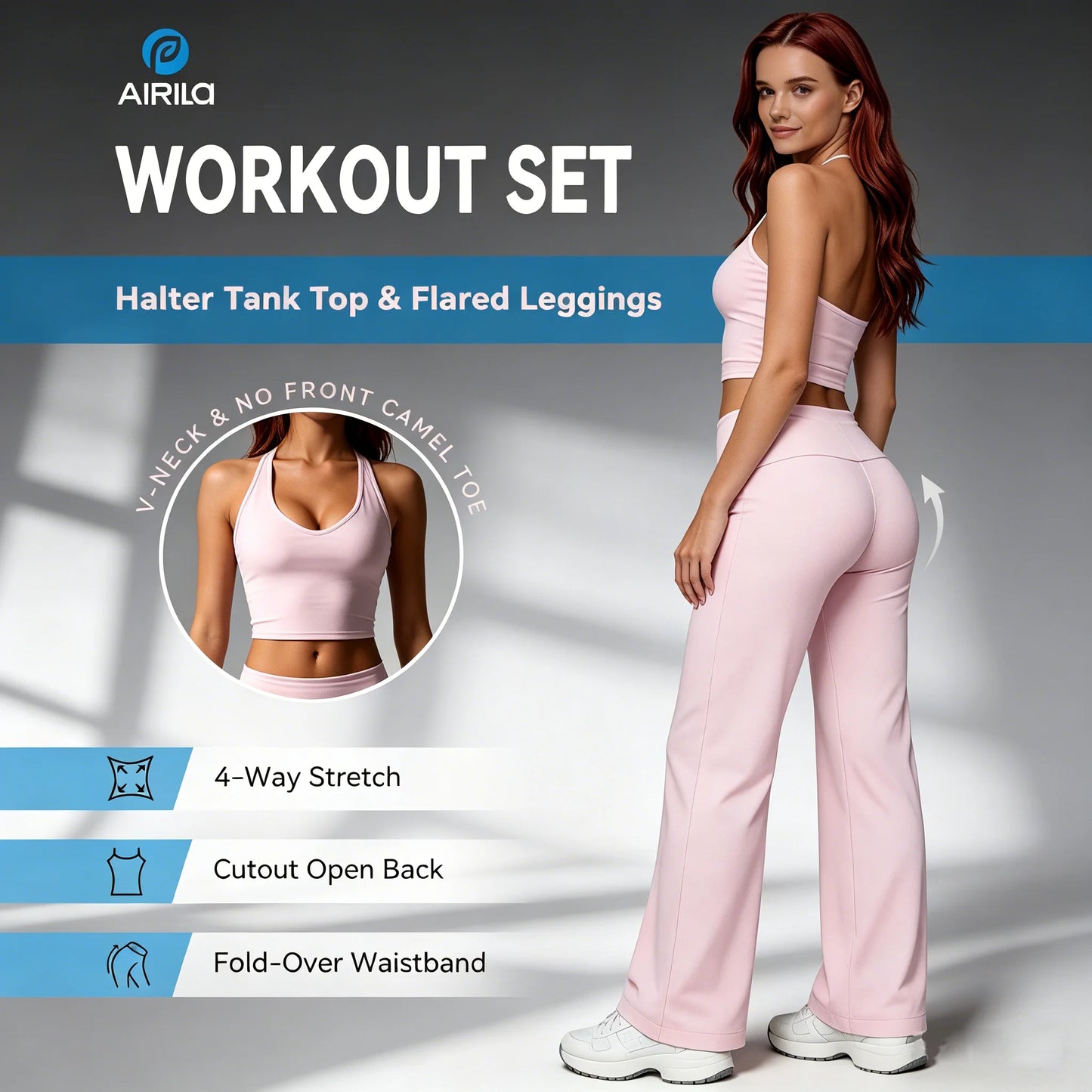 Airila 2-Piece Halter V-Neck Yoga Set, Backless Crop Top, Foldable Waist Flare Pants, Tummy Control Sports Casual Set, Fitness Clothing