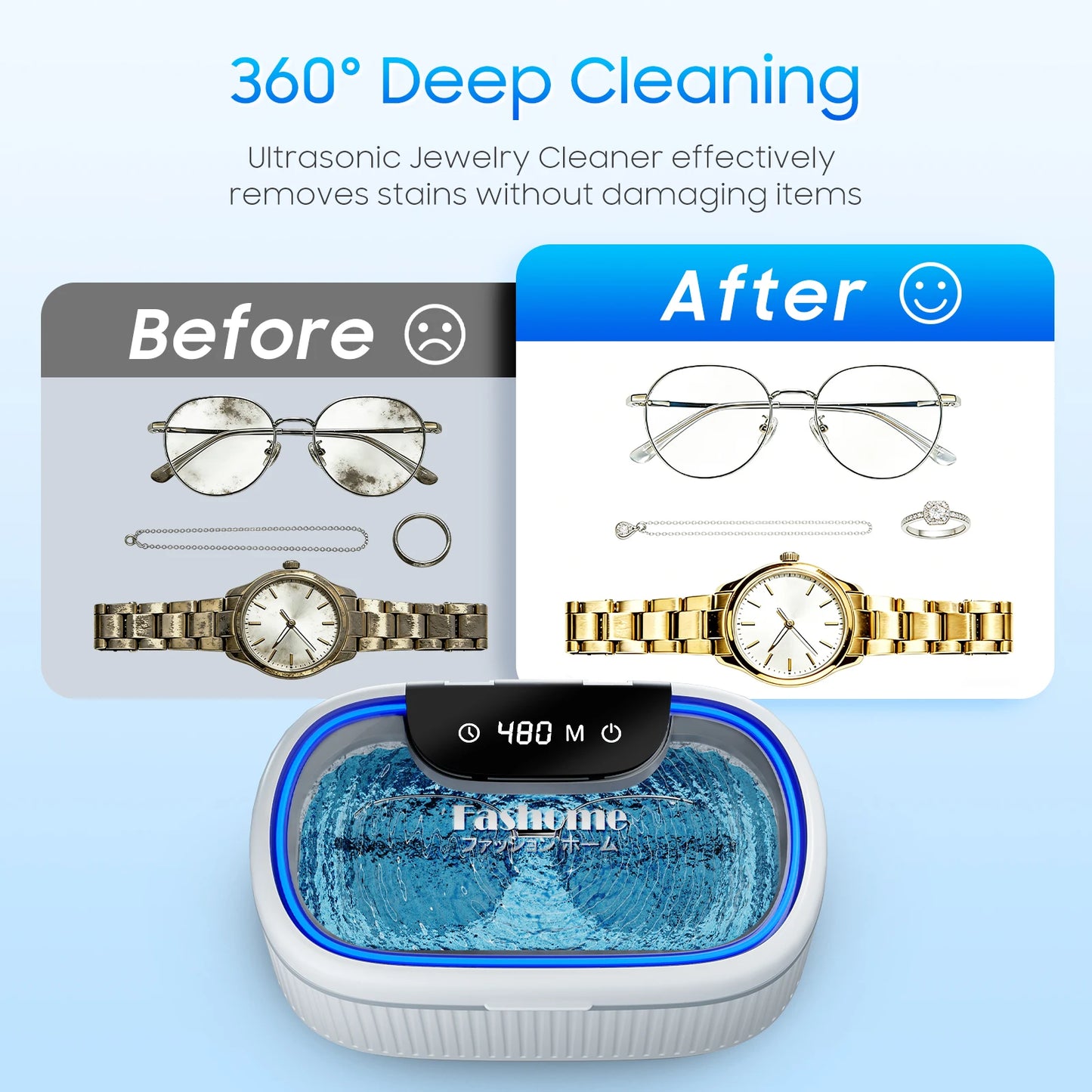 550ml Ultrasonic Cleaner, 45kHz Portable Jewelry Glasses Cleaning Machine, Deep Cleaning Ultrasound Appliance With 100ml Cleaning Solution, 5 Timer, 3 Power Levels, Degas Mode