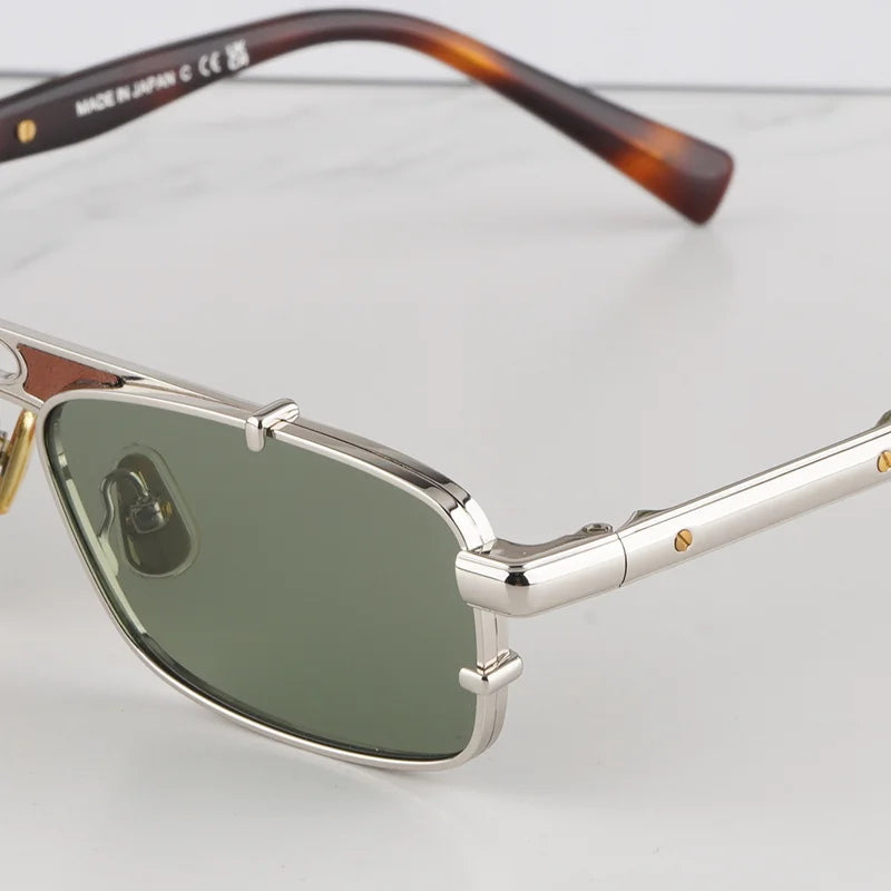 Vintage Craft Square Tortoise Sliver Pilot Sunglasses for Men Light Luxury Top Quality Double Bridge Alloy Soalr Glasses
