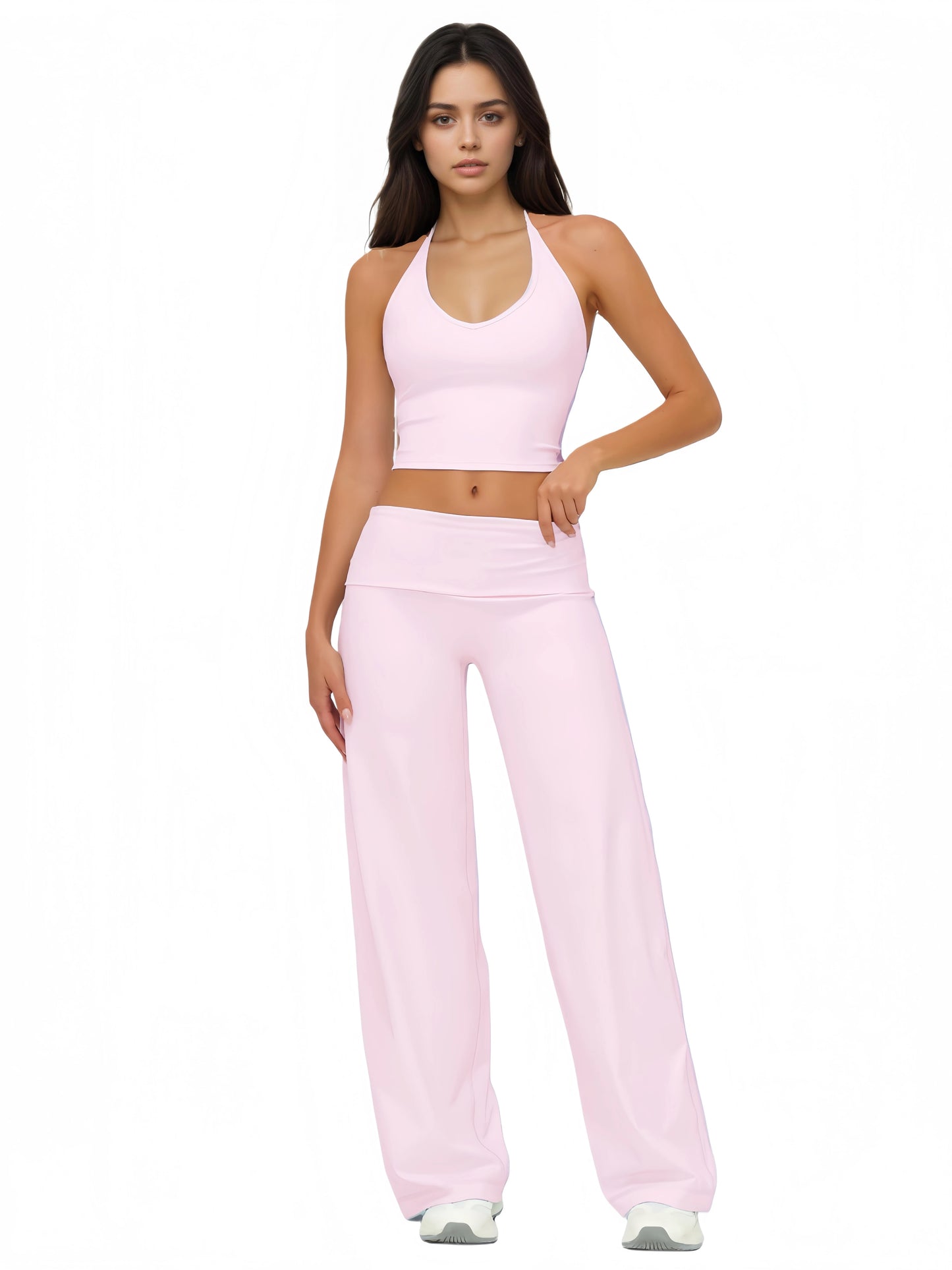 Airila 2-Piece Halter V-Neck Yoga Set, Backless Crop Top, Foldable Waist Flare Pants, Tummy Control Sports Casual Set, Fitness Clothing