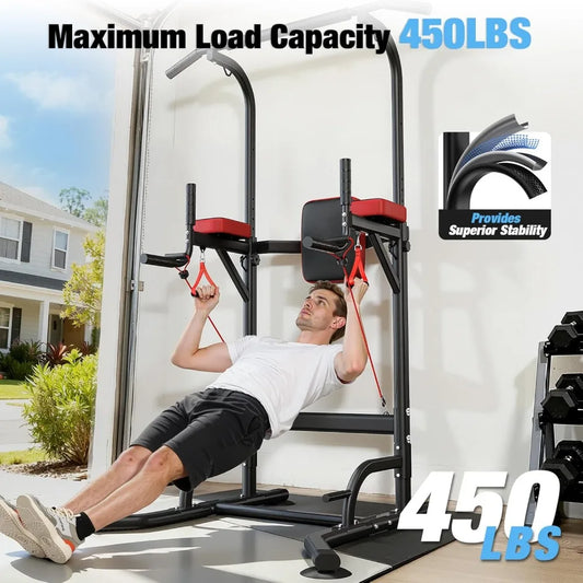 Dskeuzeew Power Tower Pull Up Bar Station, 450LBS Stable Power Tower Training Heavy-Duty Fitness Equipment for Home Gym