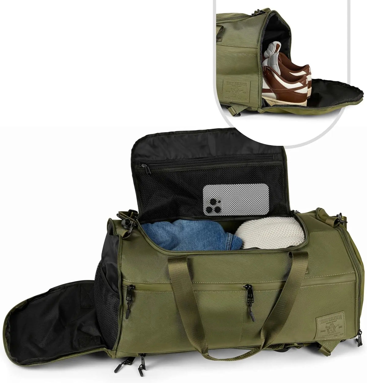 True Religion Duffle Backpack for Travel, Convertible Duffel Gym Bag | Shoe Compartment, 16" Laptop Sleeve Storage , Convertible duffle-to-backpack, Duffle Bag for Men, adjustable shoulder strap.