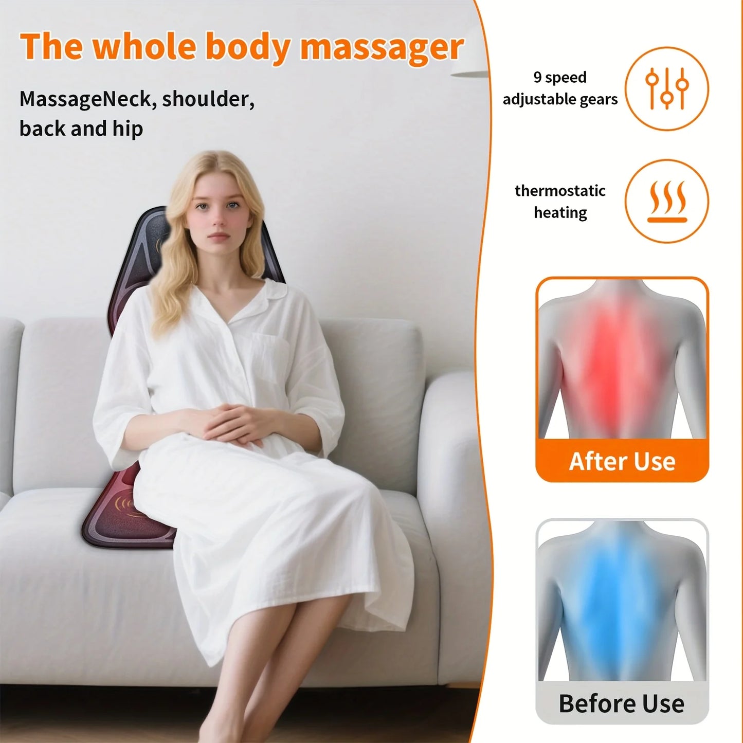 Ekmoey  Massage Seat Cushion For Couch, Chair, Massager Mat With Heat, Lumbar Traction & Relax, 9 Vibration Motors & Triple Back Heating Pad, Full Body Massager For Back Waist Hip Leg, Massager Gift For Mom/Dad/Women/Men, Chr