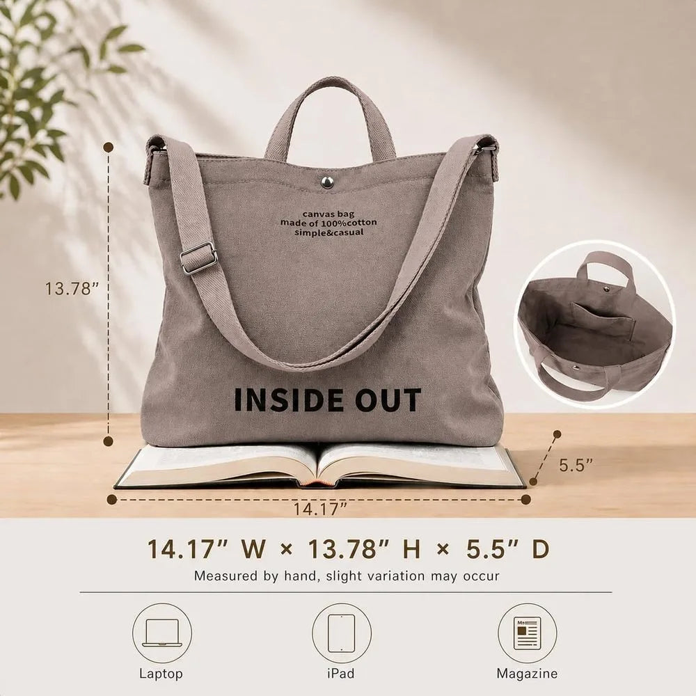 Women's Large Canvas Tote Reversible Commuter Bag with Adjustable Strap Crossbody Hand-Carry Shoulder Bag with Matching Coin Purse for Travel And Casual Use