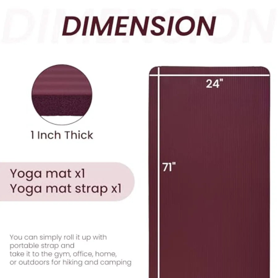 71x24 Inch Extra Thick Yoga Mat 1-Inch High-Density Foam Roll-Up Exercise Pad with Double-Sided Non-Slip Surface and Carrying S
