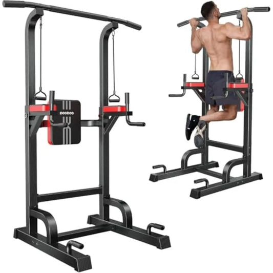 Home gym dip station pull-up bar: steel, black, adjustable height + power elastic ropes for full-body strength training