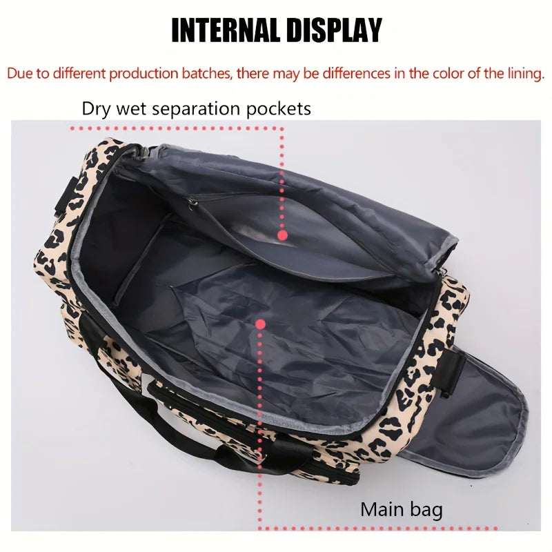 Large-Capacity Leopard Print Travel Duffel Bag – Features multiple compartments, a dedicated shoe compartment, and a spacious design suitable for overnight trips or carry-on use. A durable nylon casual sports/gym bag for wo