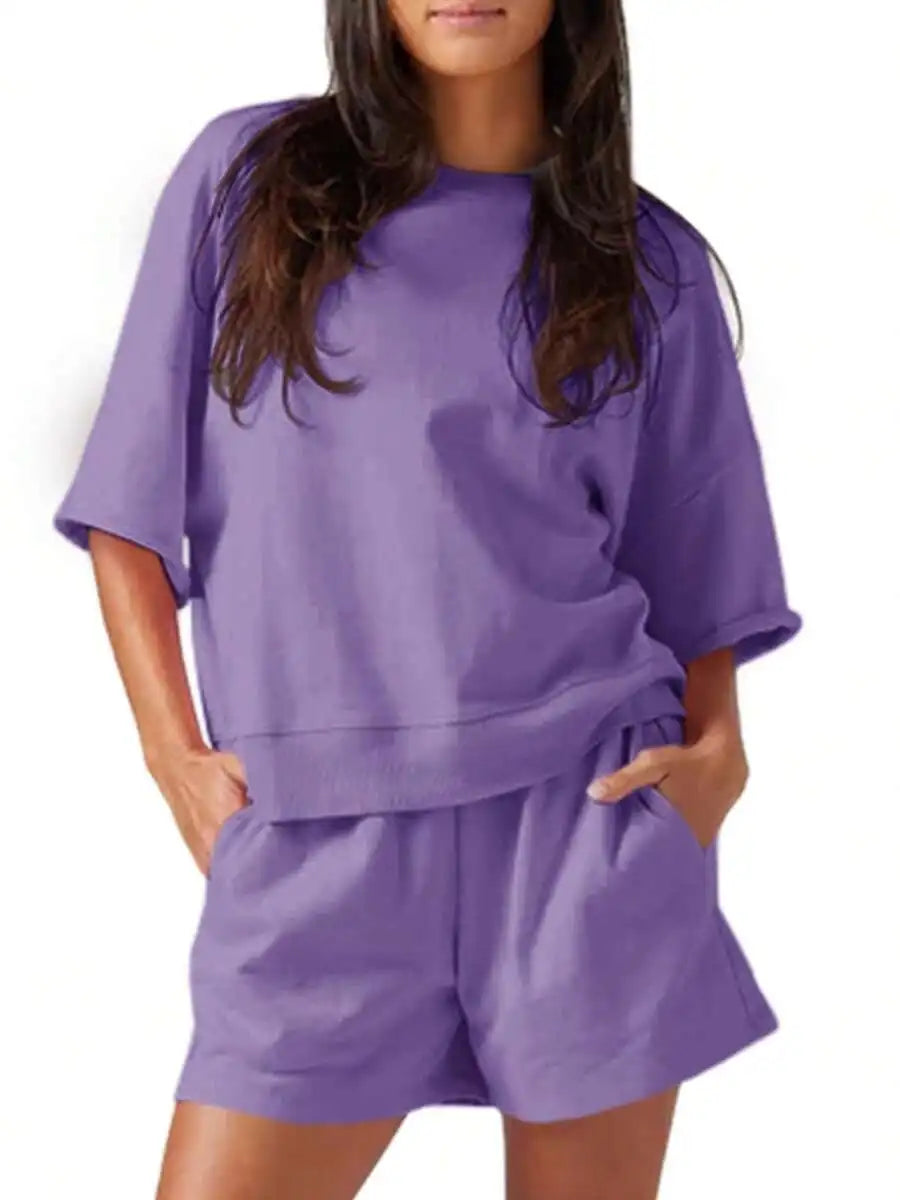 Womens 2 Piece Oversized Cropped Sweatshirt And High Waist Shorts Tracksuit