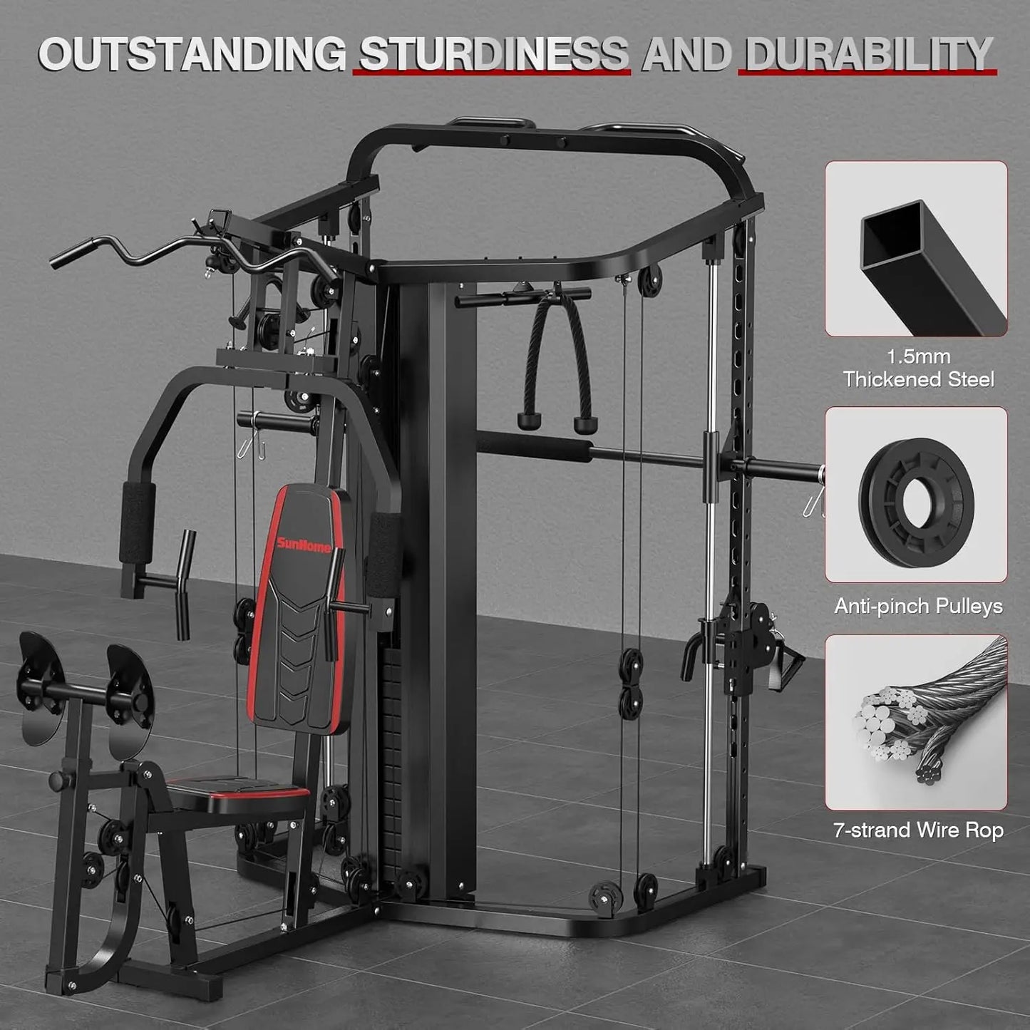 Home Gym Smith Machine with 138LB Weight Stack, Leg Press & LAT Station for Full Body Workouts