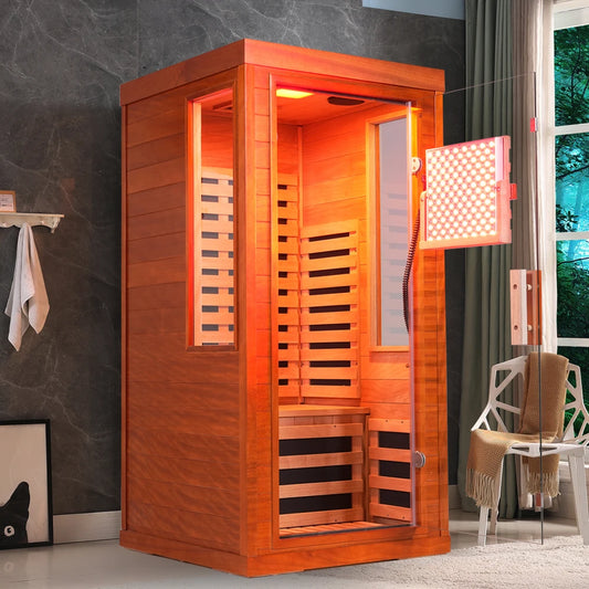 Okoume Glass Door Far Infrared Sauna With Red Light Therapy And Low EMF