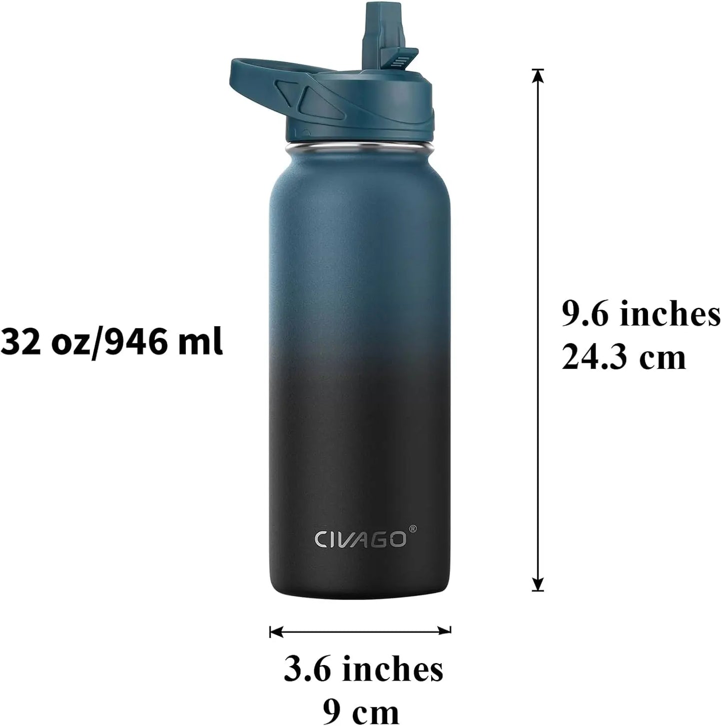 32 oz Insulated Water Bottle With Straw, Stainless Steel Sports Water Cup Flask with 3 Lids (Straw, Spout and Handle Lid), Wide