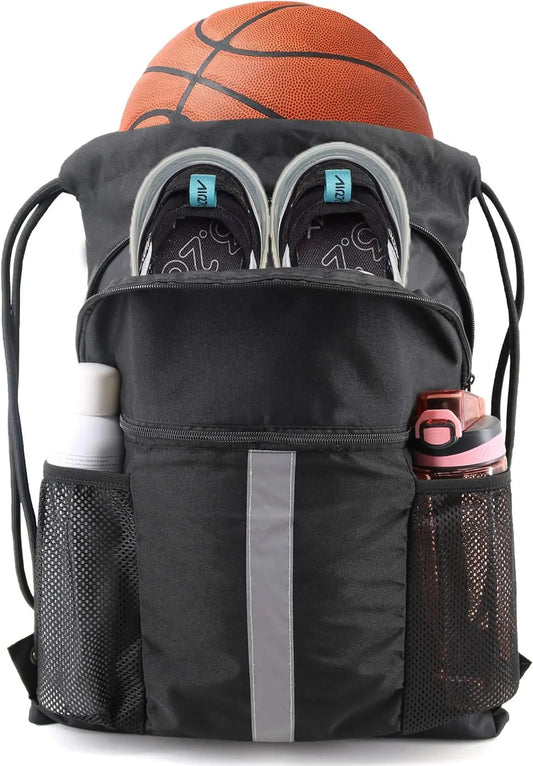 Drawstring Backpack with Shoe Compartment X-Large Black Gym Sports Cinch Bag