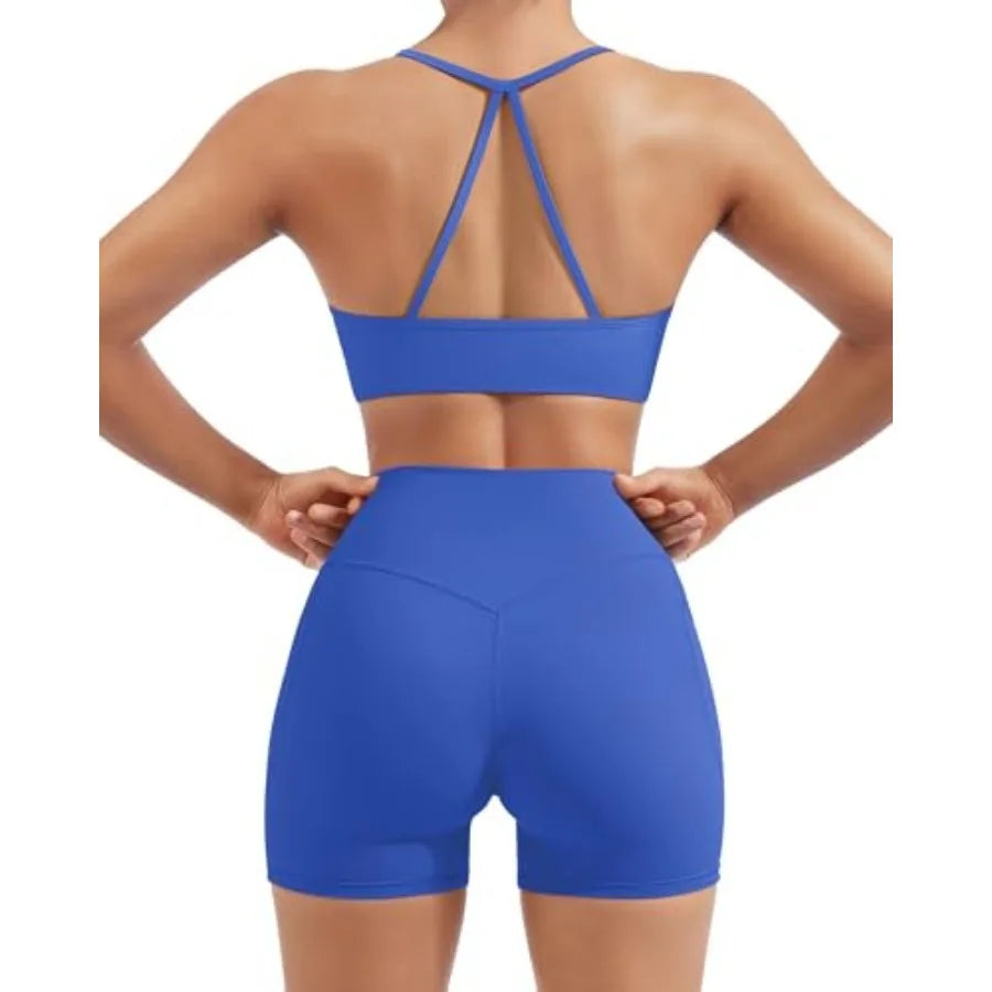 SUUKSESS Women 2 Pcs Workout Sets Padded Halter Sports Bras High Waisted Biker Shorts with Pockets
