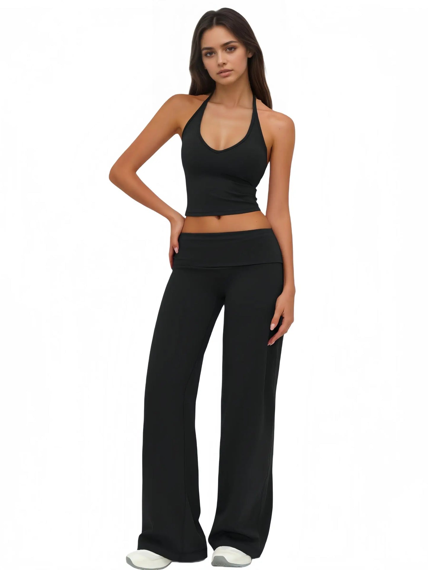 Airila 2-Piece Halter V-Neck Yoga Set, Backless Crop Top, Foldable Waist Flare Pants, Tummy Control Sports Casual Set, Fitness Clothing