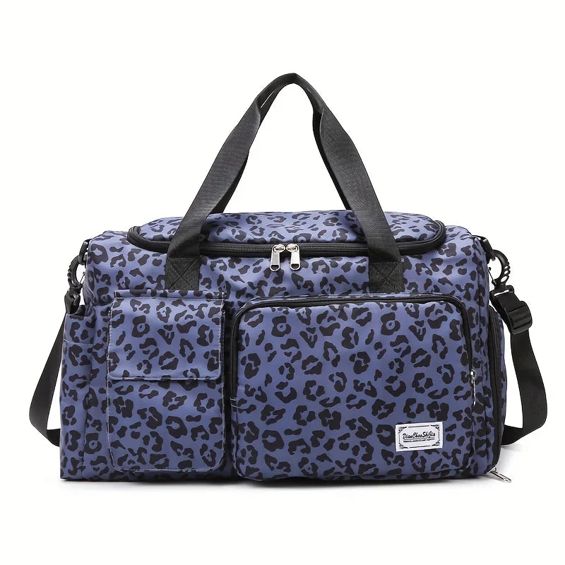 Large-Capacity Leopard Print Travel Duffel Bag – Features multiple compartments, a dedicated shoe compartment, and a spacious design suitable for overnight trips or carry-on use. A durable nylon casual sports/gym bag for wo
