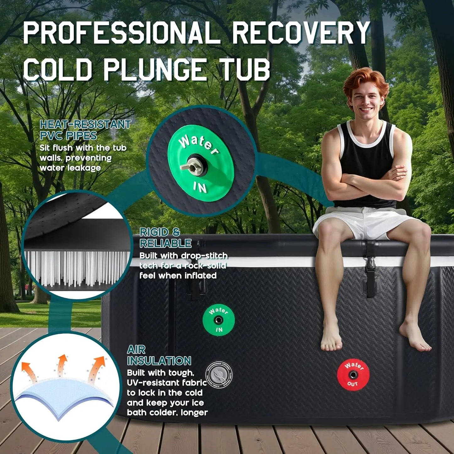 Inflatable Cold Plunge Tub for Athletes, Ice Bath Tub with Insulated Lid Non-Slip Mat, Water Chiller Compatible, Portable for Ou