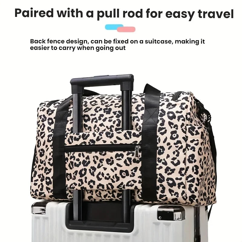 Large-Capacity Leopard Print Travel Duffel Bag – Features multiple compartments, a dedicated shoe compartment, and a spacious design suitable for overnight trips or carry-on use. A durable nylon casual sports/gym bag for wo