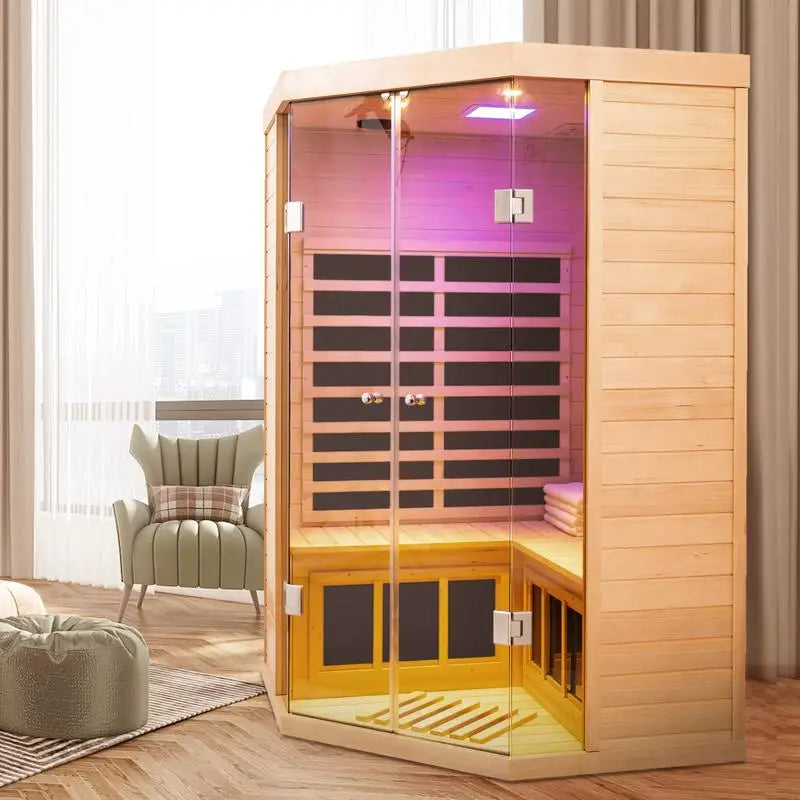 Deluxe Two Person Corner Infrared Sauna With Glass Front Hemlock