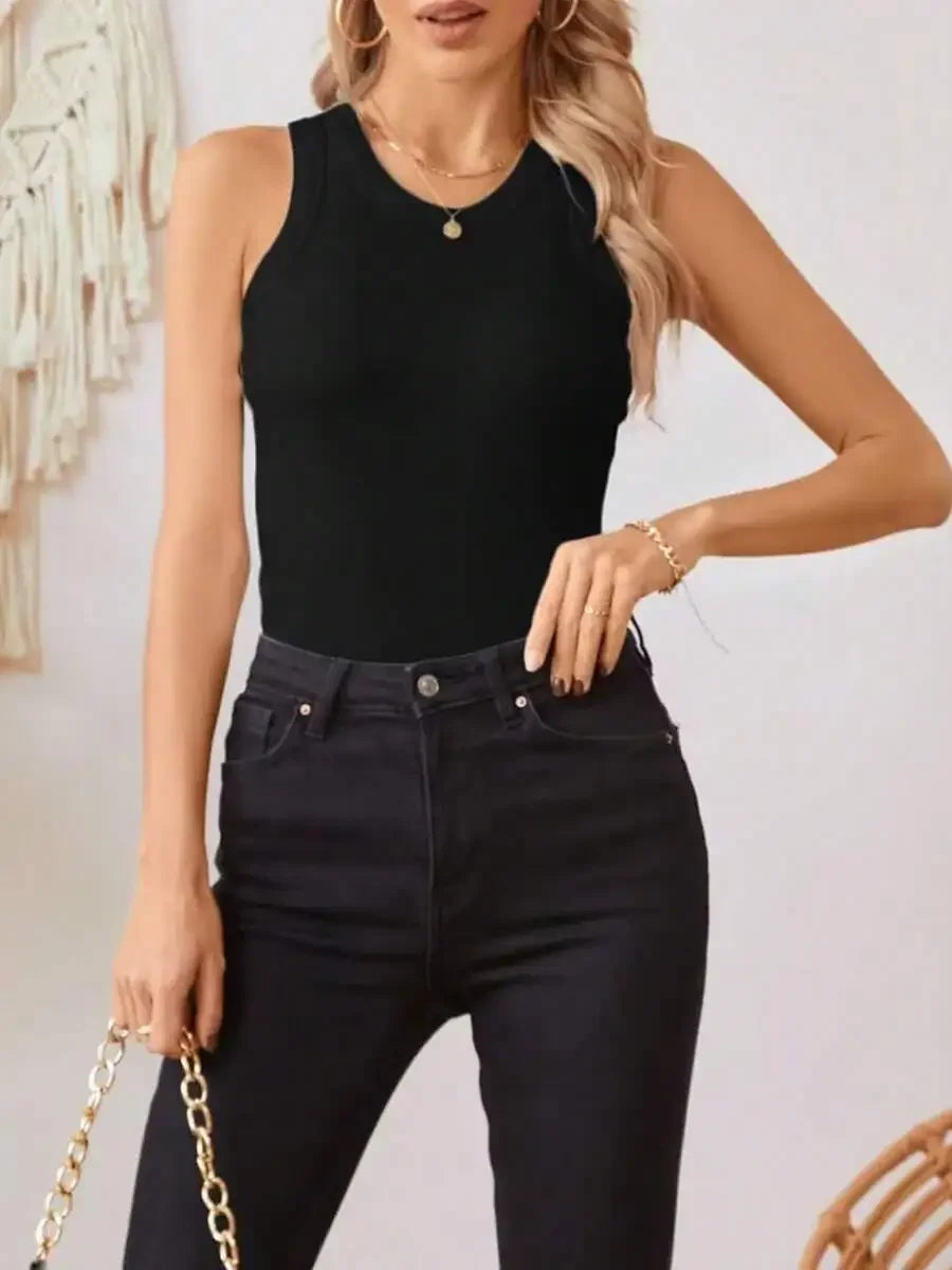 Womens Sleeveless Ribbed Tank Top Crew Neck Basic Stretch Casual Yoga Crop Top