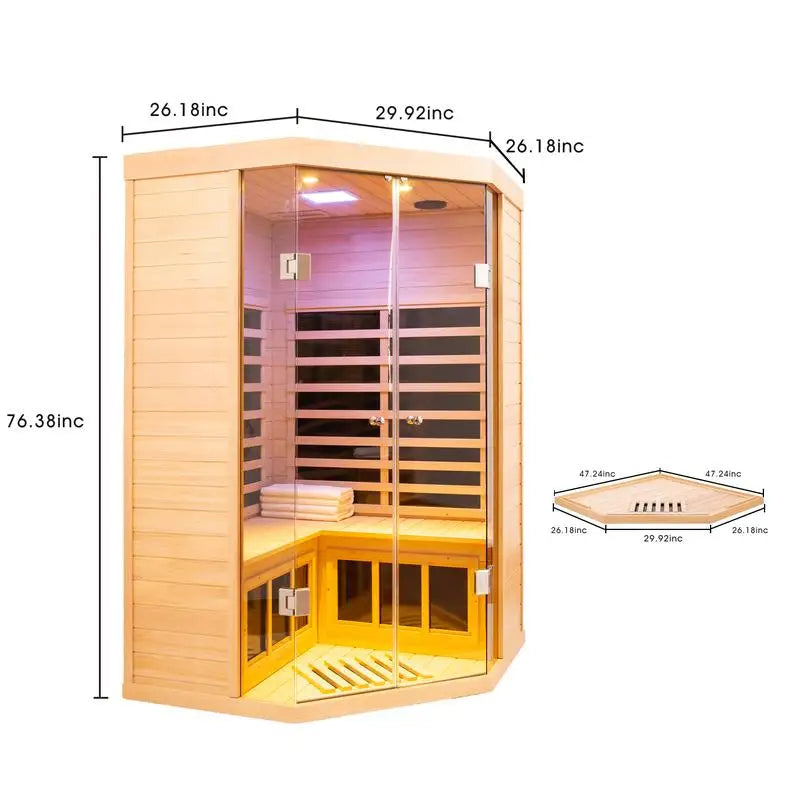Deluxe Two Person Corner Infrared Sauna With Glass Front Hemlock