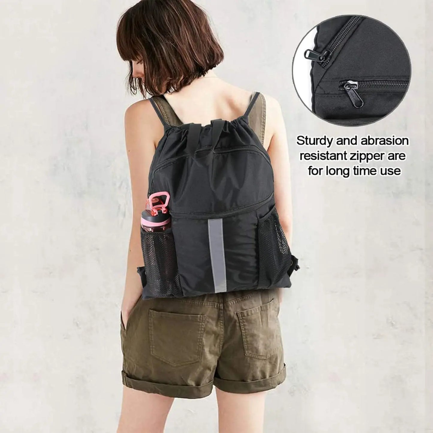 Drawstring Backpack with Shoe Compartment X-Large Black Gym Sports Cinch Bag