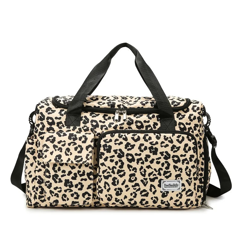 Large-Capacity Leopard Print Travel Duffel Bag – Features multiple compartments, a dedicated shoe compartment, and a spacious design suitable for overnight trips or carry-on use. A durable nylon casual sports/gym bag for wo