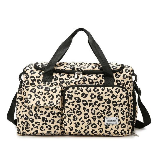 Large-Capacity Leopard Print Travel Duffel Bag – Features multiple compartments, a dedicated shoe compartment, and a spacious design suitable for overnight trips or carry-on use. A durable nylon casual sports/gym bag for wo