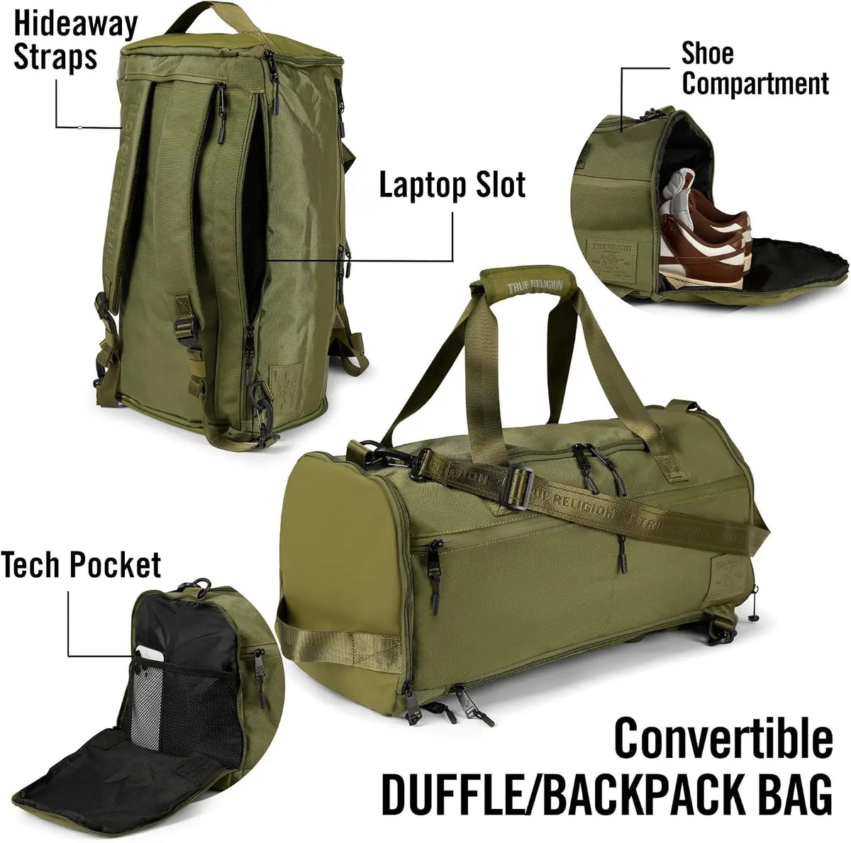 True Religion Duffle Backpack for Travel, Convertible Duffel Gym Bag | Shoe Compartment, 16" Laptop Sleeve Storage , Convertible duffle-to-backpack, Duffle Bag for Men, adjustable shoulder strap.