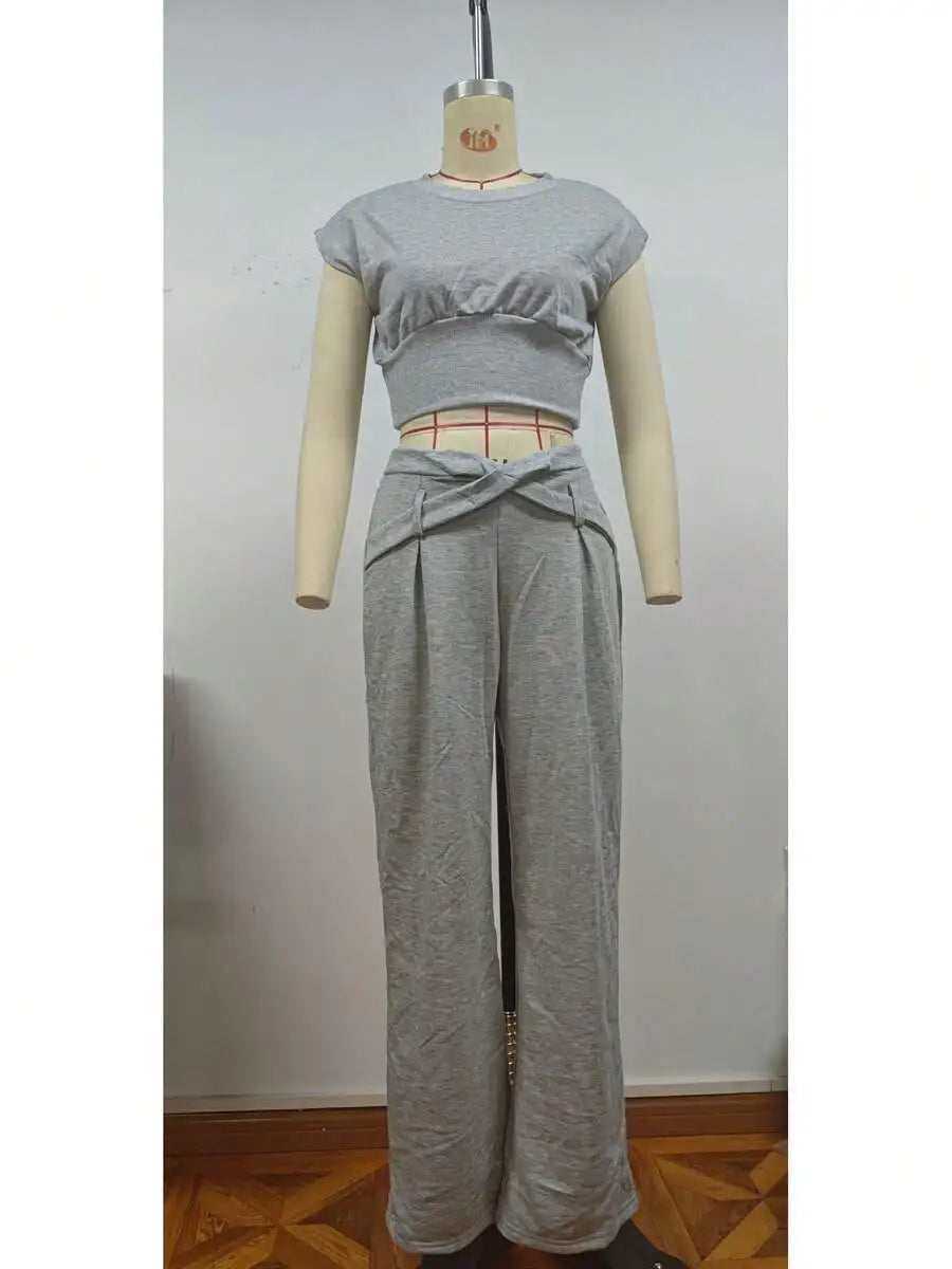 Women Cotton Polyester Knit Two Piece Set Crop Top Pants