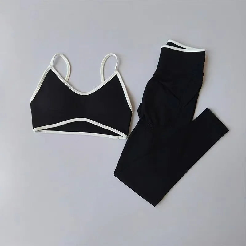 Women's Fitness Suit, Strappy Contrast Color Patchwork Sports Shockproof Slimming Quick-Dry Nude Feel Pants, Yoga Wear