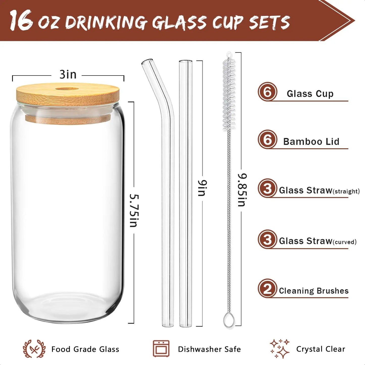 6 Pack 16oz Drinking Glasses with Bamboo Lids and Straws Clear Water Cups for Iced Coffee Tea Cocktails Whiskey Soda