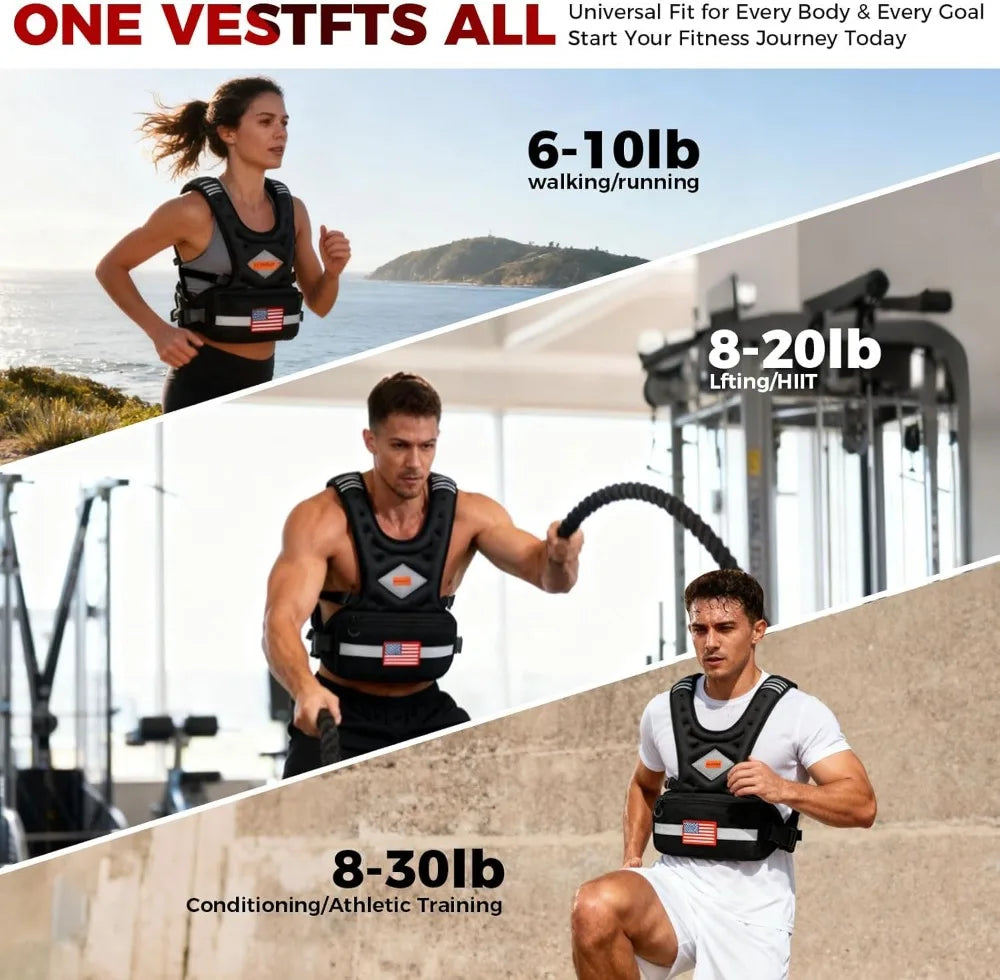 Adjustable Weighted Vest 6-30lb for Men & Women with Pockets & Reflective Strips for Walking, Running, Hiking, Workout