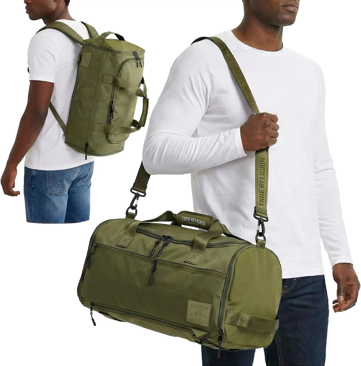 True Religion Duffle Backpack for Travel, Convertible Duffel Gym Bag | Shoe Compartment, 16" Laptop Sleeve Storage , Convertible duffle-to-backpack, Duffle Bag for Men, adjustable shoulder strap.